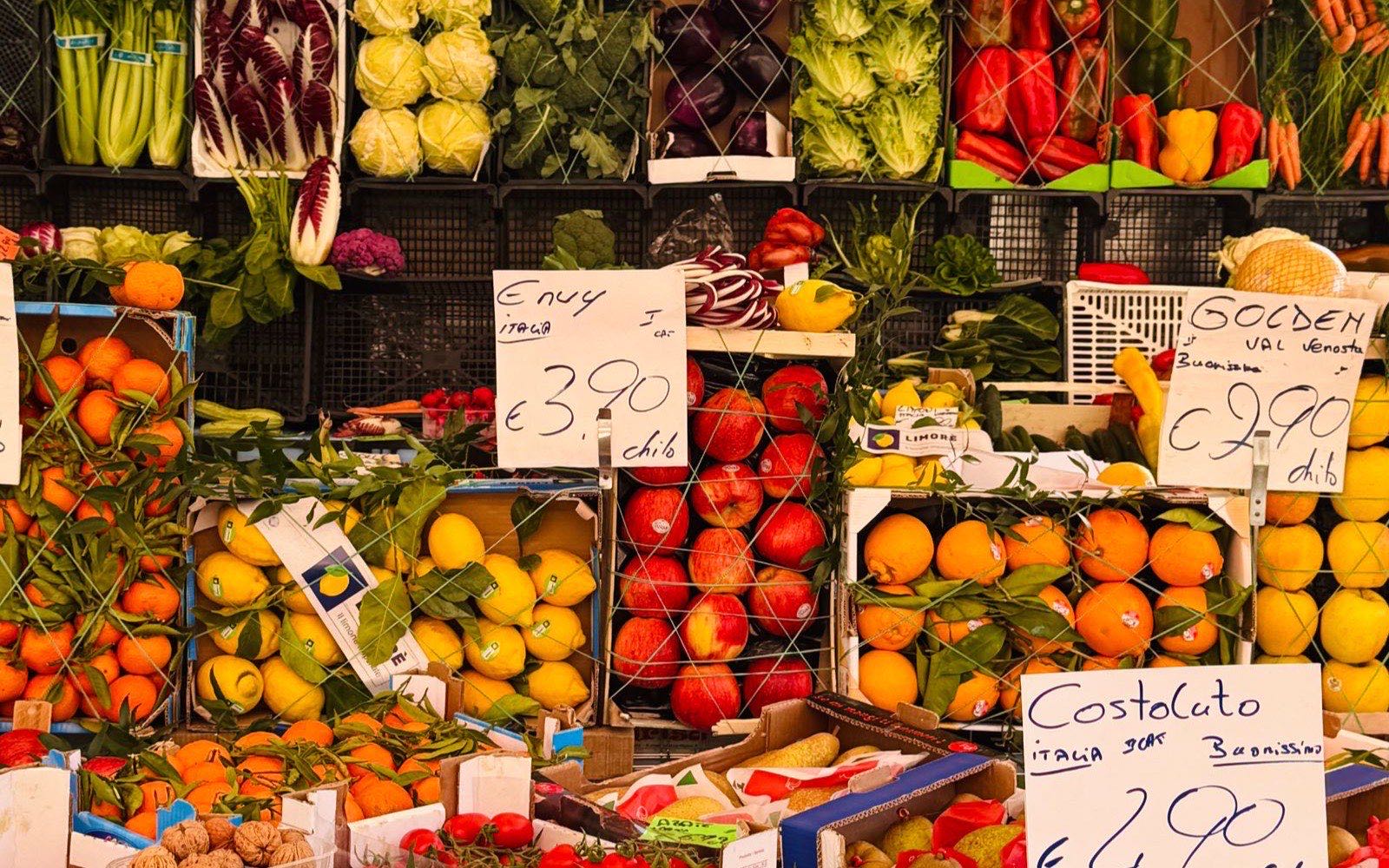 A fruit and vegetable stall at a market
