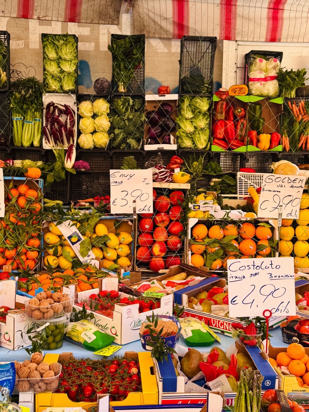 A fruit and vegetable stall at a Milan market